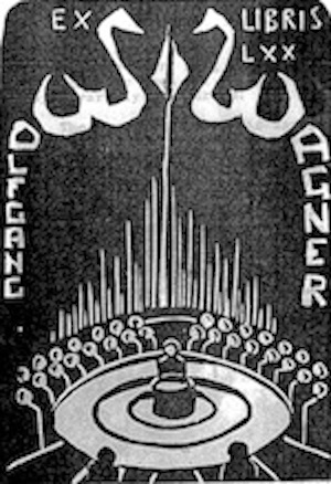 A copy of the Book Plate from an original lino-cut designed by Franck Marjason which was presented to Wolfgang Wagner